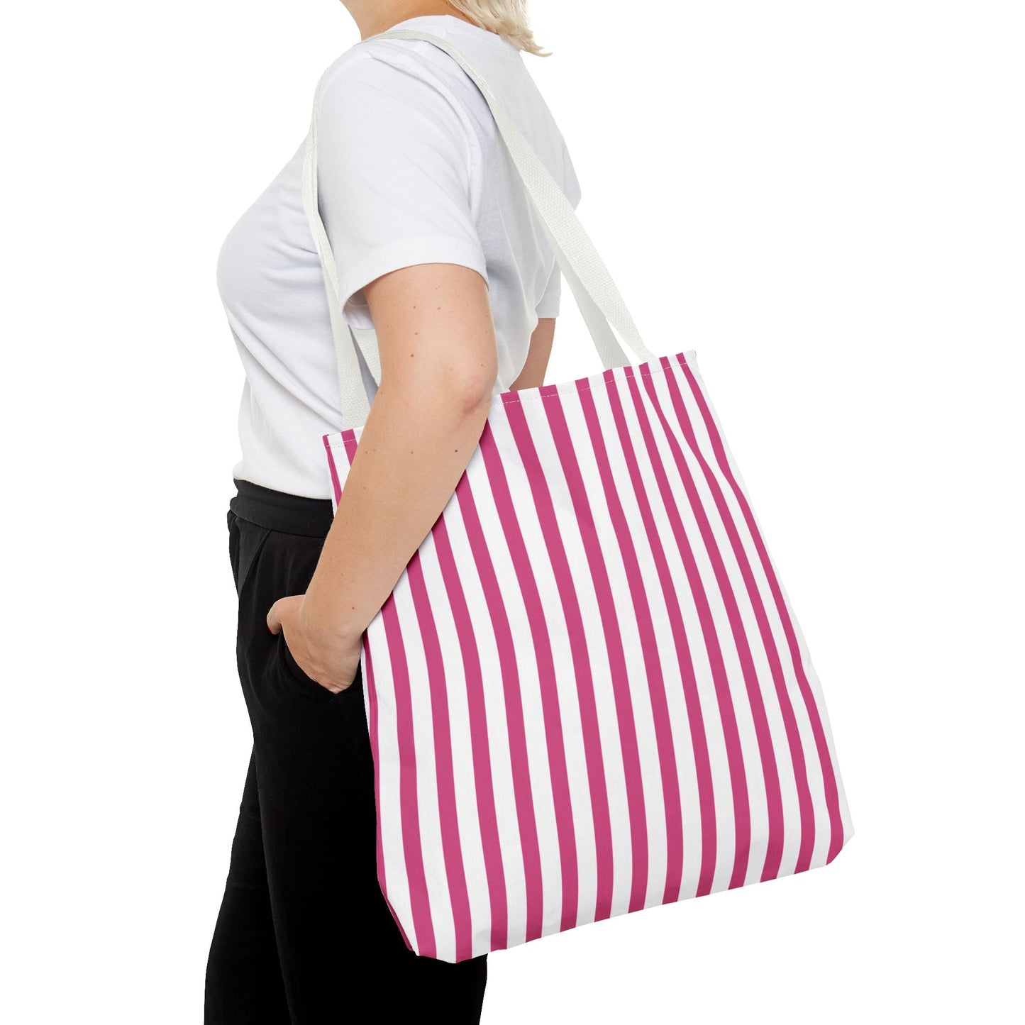 Pink Vertical Stripes Tote Bag | White or Black Handle All-Over Print - Bags