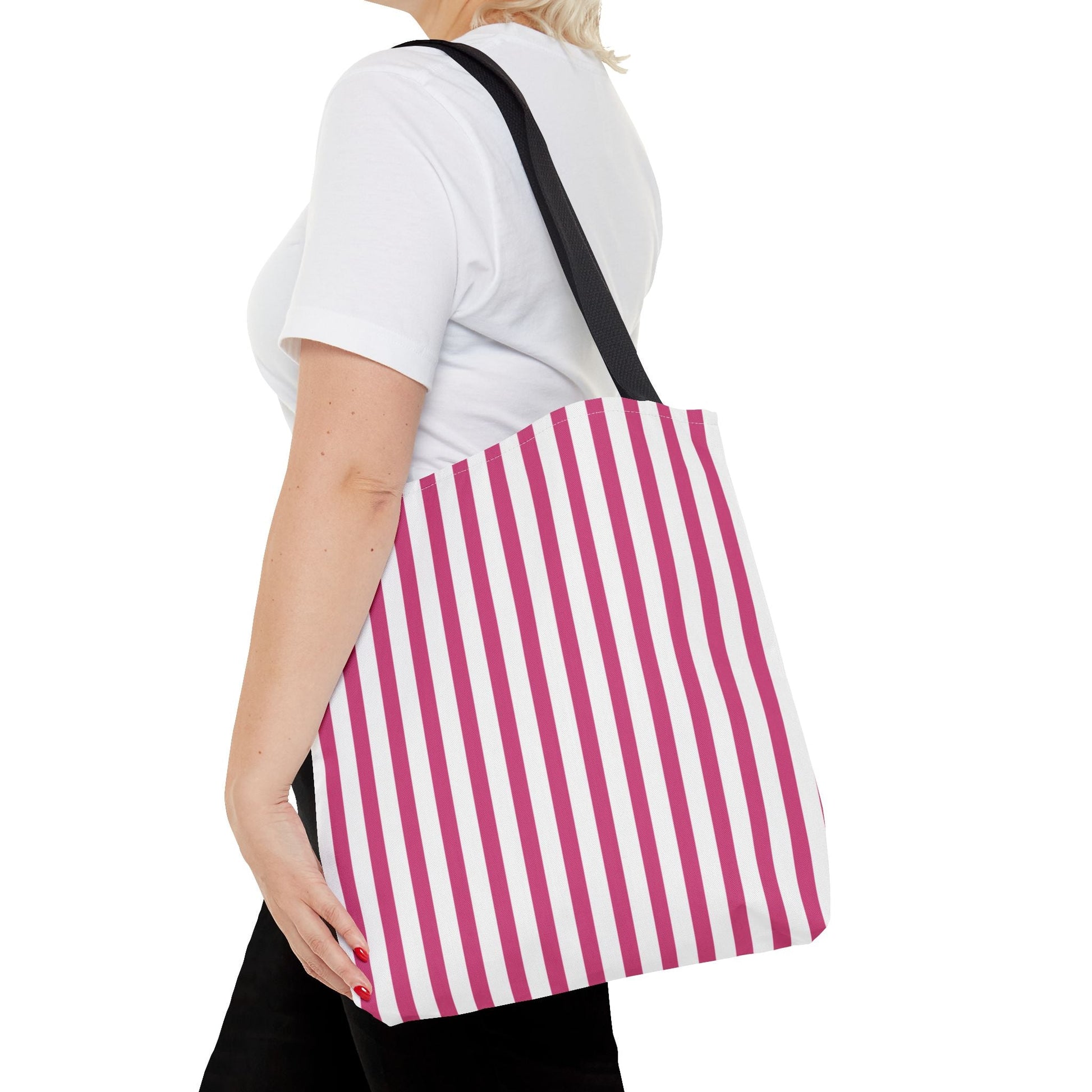 Pink Vertical Stripes Tote Bag | White or Black Handle All-Over Print - Bags