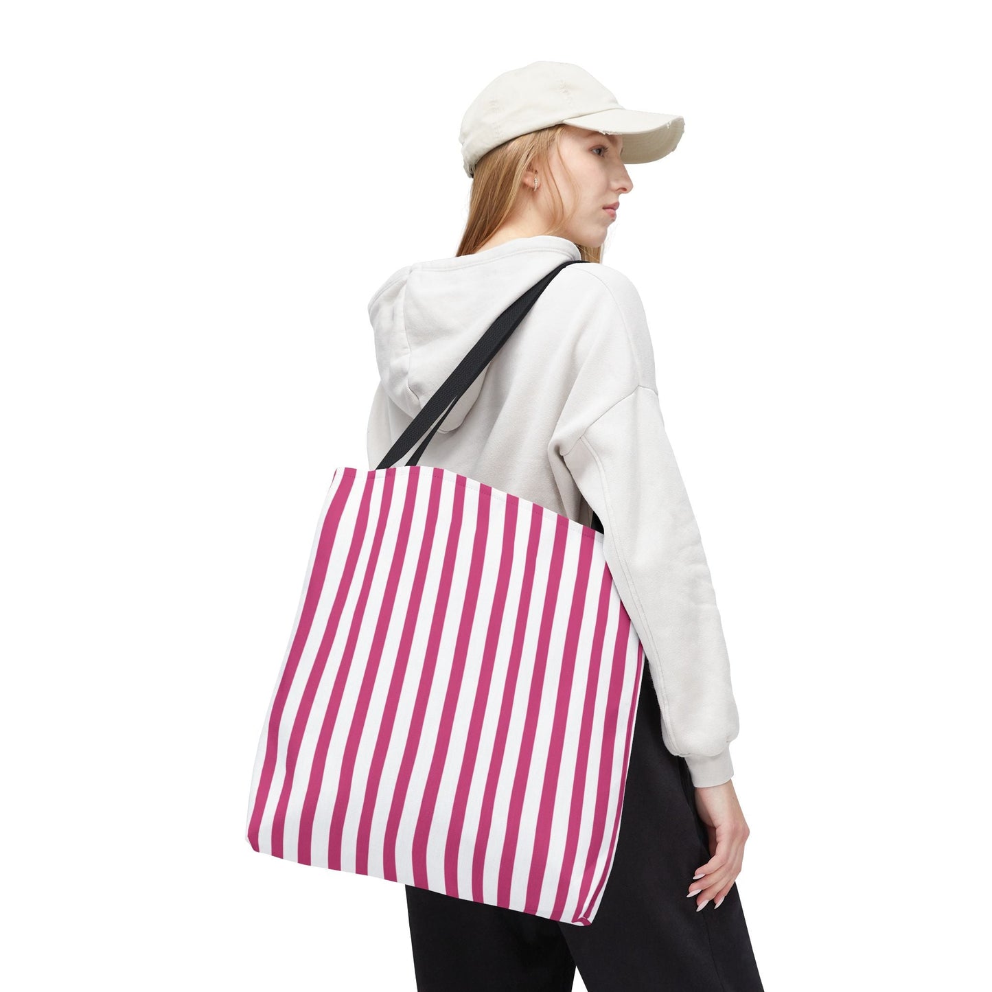 Pink Vertical Stripes Tote Bag | White or Black Handle All-Over Print - Bags