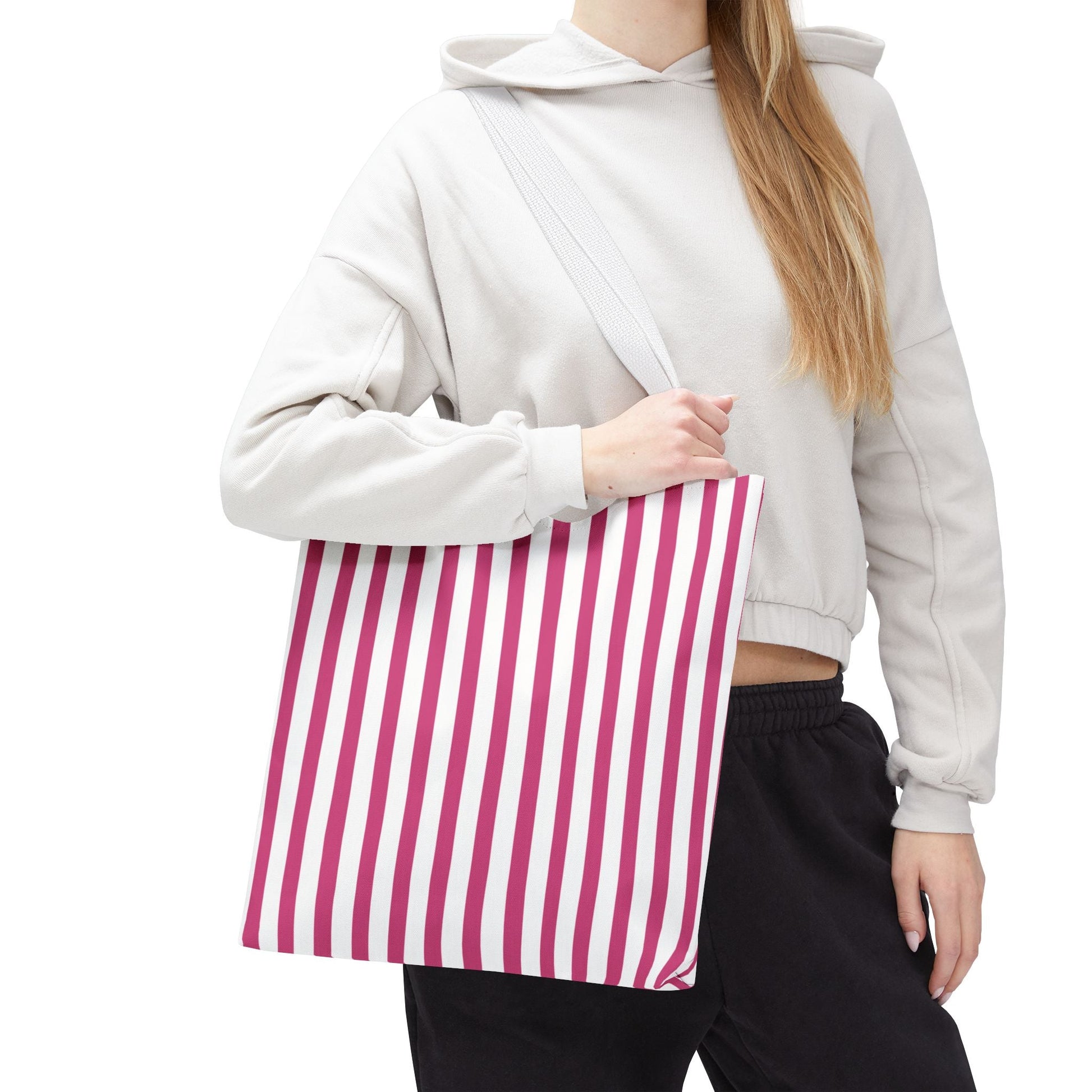 Pink Vertical Stripes Tote Bag | White or Black Handle All-Over Print - Bags