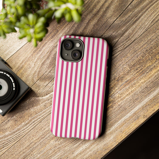 Pink & White Cute Striped Durable Phone Case Cover - iPhone 15 / Glossy - Phone Case