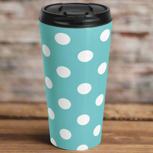 Polka Dot Stainless Steel Travel Mug Blue White Insulated Tumbler - 15oz - Mug