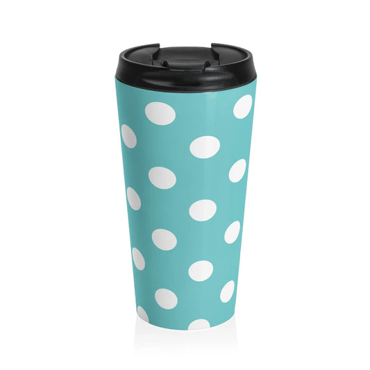 Polka Dot Stainless Steel Travel Mug Blue White Insulated Tumbler - 15oz - Mug