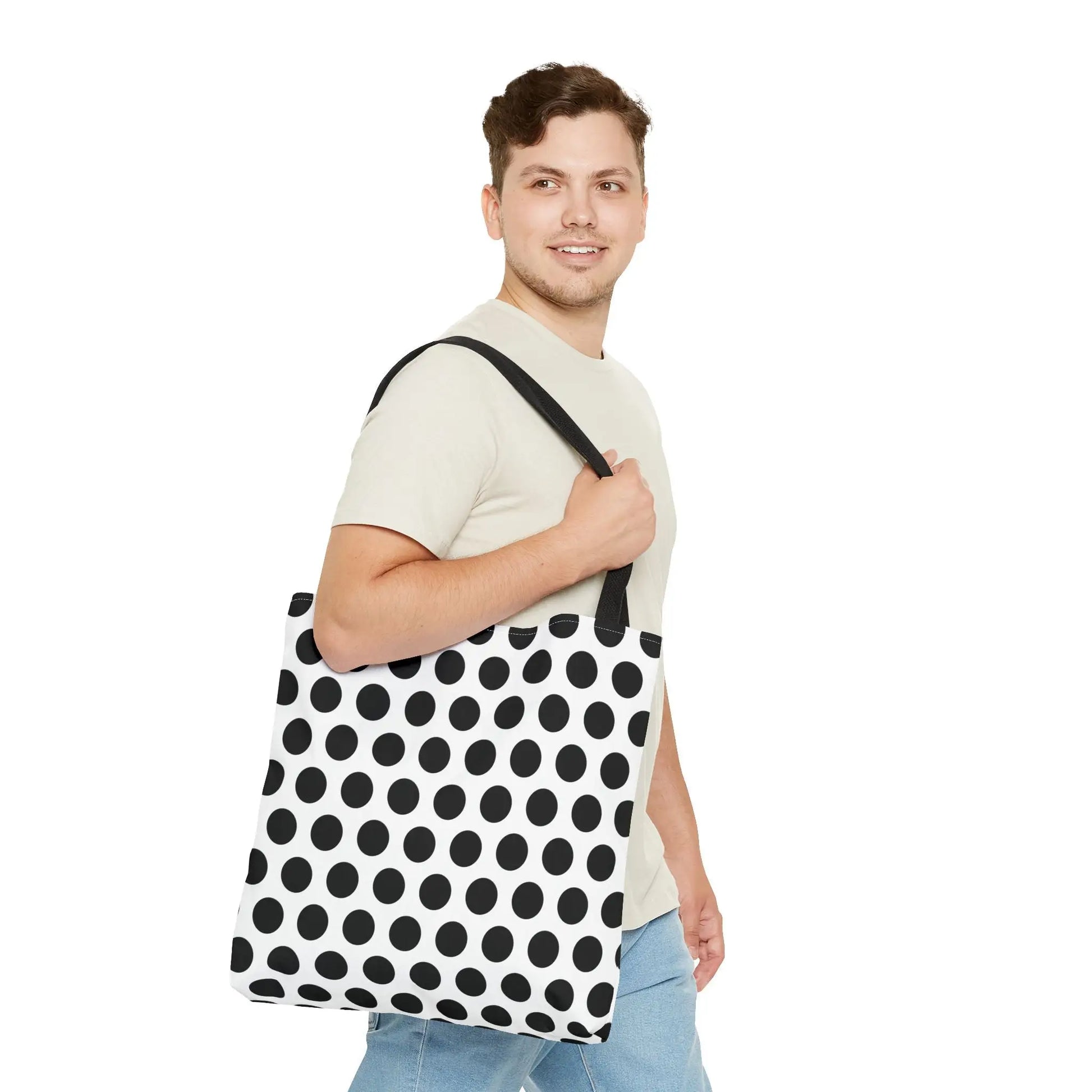 White canvas polka dot tote bag with bold black dots and matching black shoulder strap reusable shopping bag