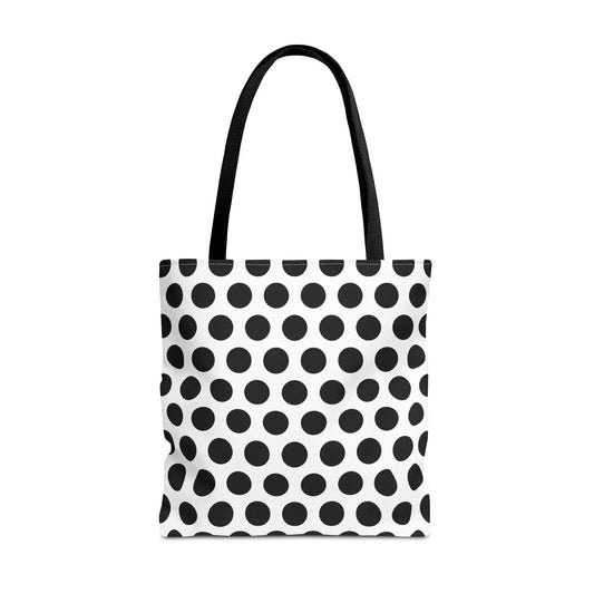 Black and white polka dot tote bag with black fabric handles eco-friendly reusable shopping dot tote bag