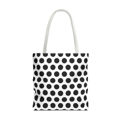 White canvas polka dot tote bag with black dots and white handles reusable eco-friendly shopping bag