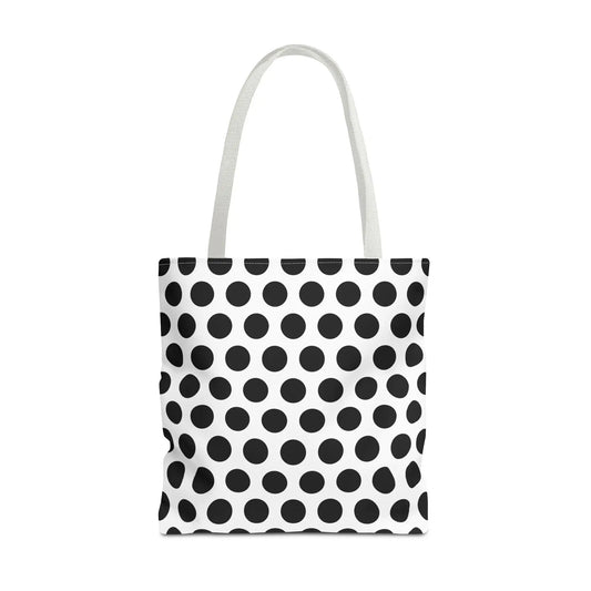 White canvas polka dot tote bag with black dots and white handles reusable eco-friendly shopping bag