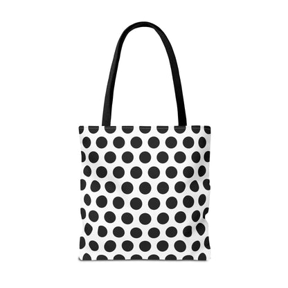 Black and white polka dot tote bag with black fabric handles reusable eco friendly dot tote bag for shopping