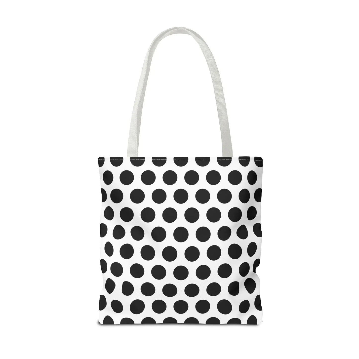 White canvas polka dot tote bag with black dots and white handles reusable eco-friendly shopping bag 18x18