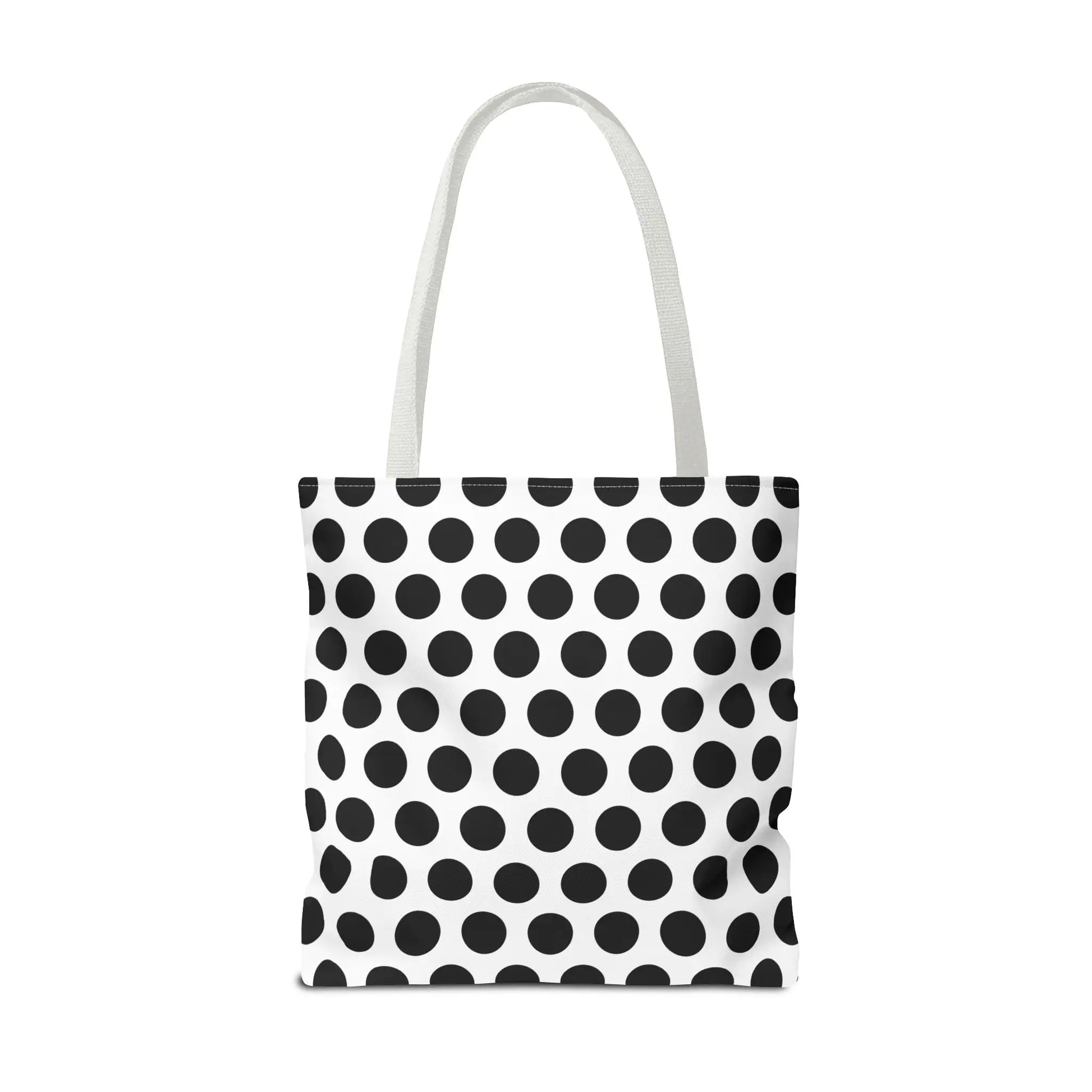 White canvas polka dot tote bag with black dots and white handles reusable eco-friendly shopping bag 18x18
