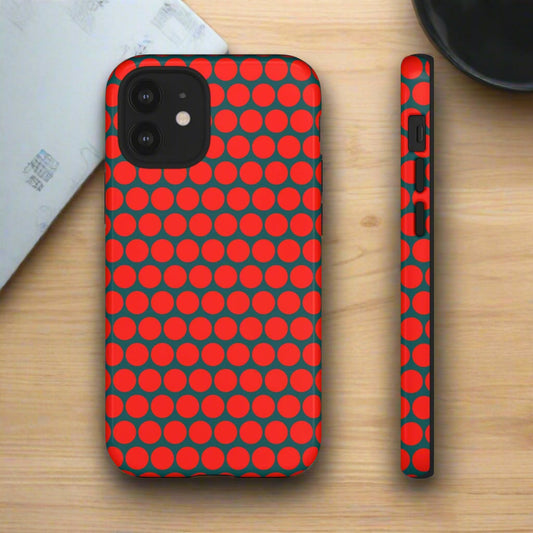 Red Dot Teal Background Polka Dot Tough Phone Case for iPhone Samsung & Google Phones