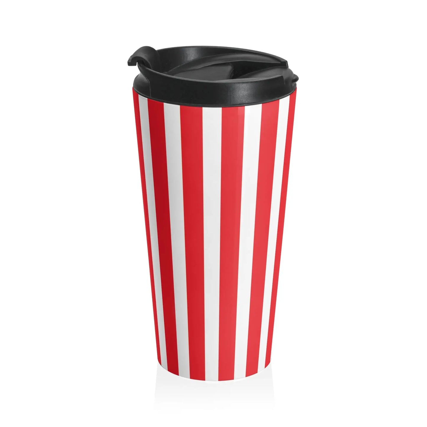 Retro striped travel mug in vintage red white stainless steel with black lid for on the go use