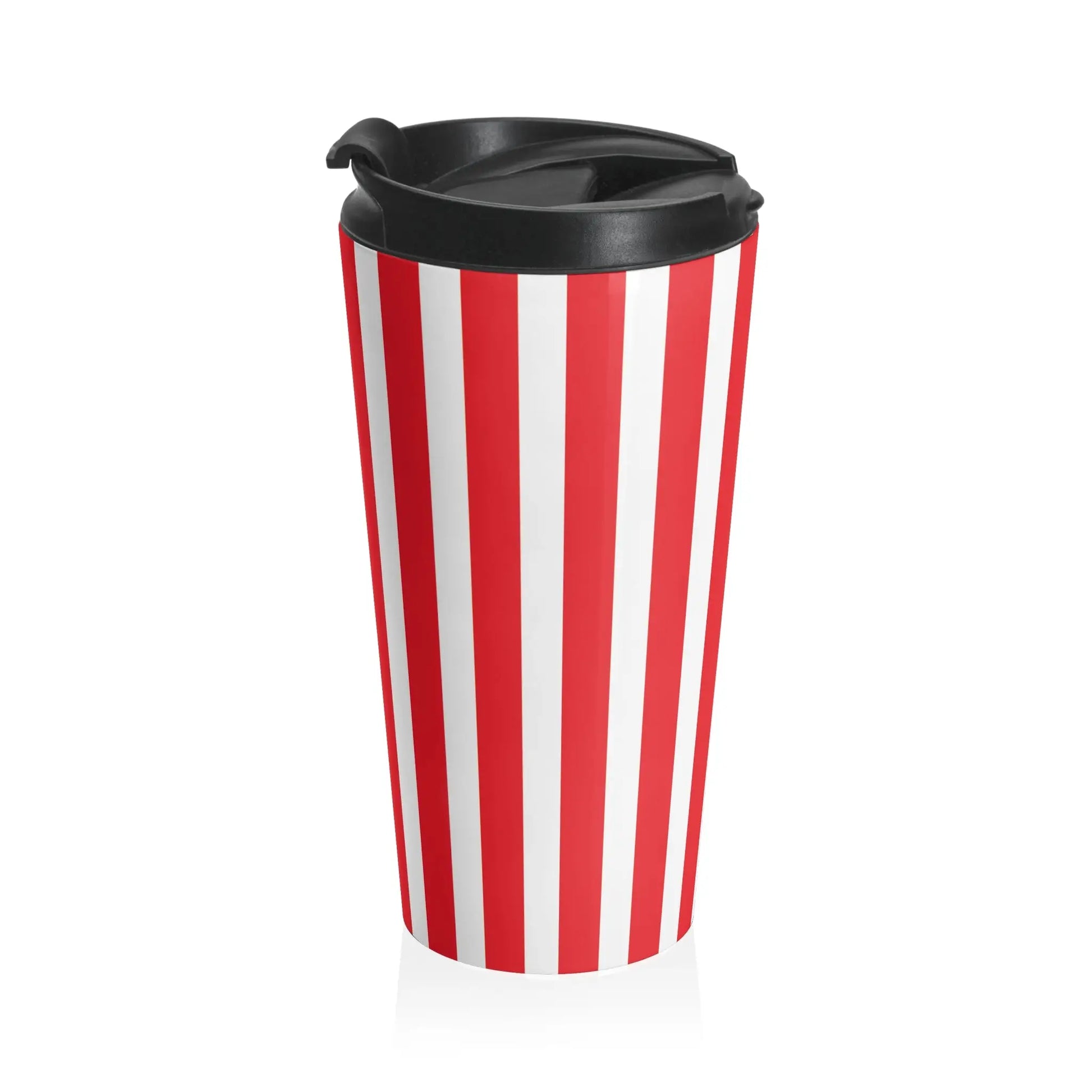 Retro striped travel mug in vintage red white stainless steel with black lid for on the go use