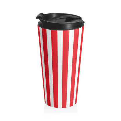 Retro striped travel mug in vintage red white stainless steel with black lid for on the go use