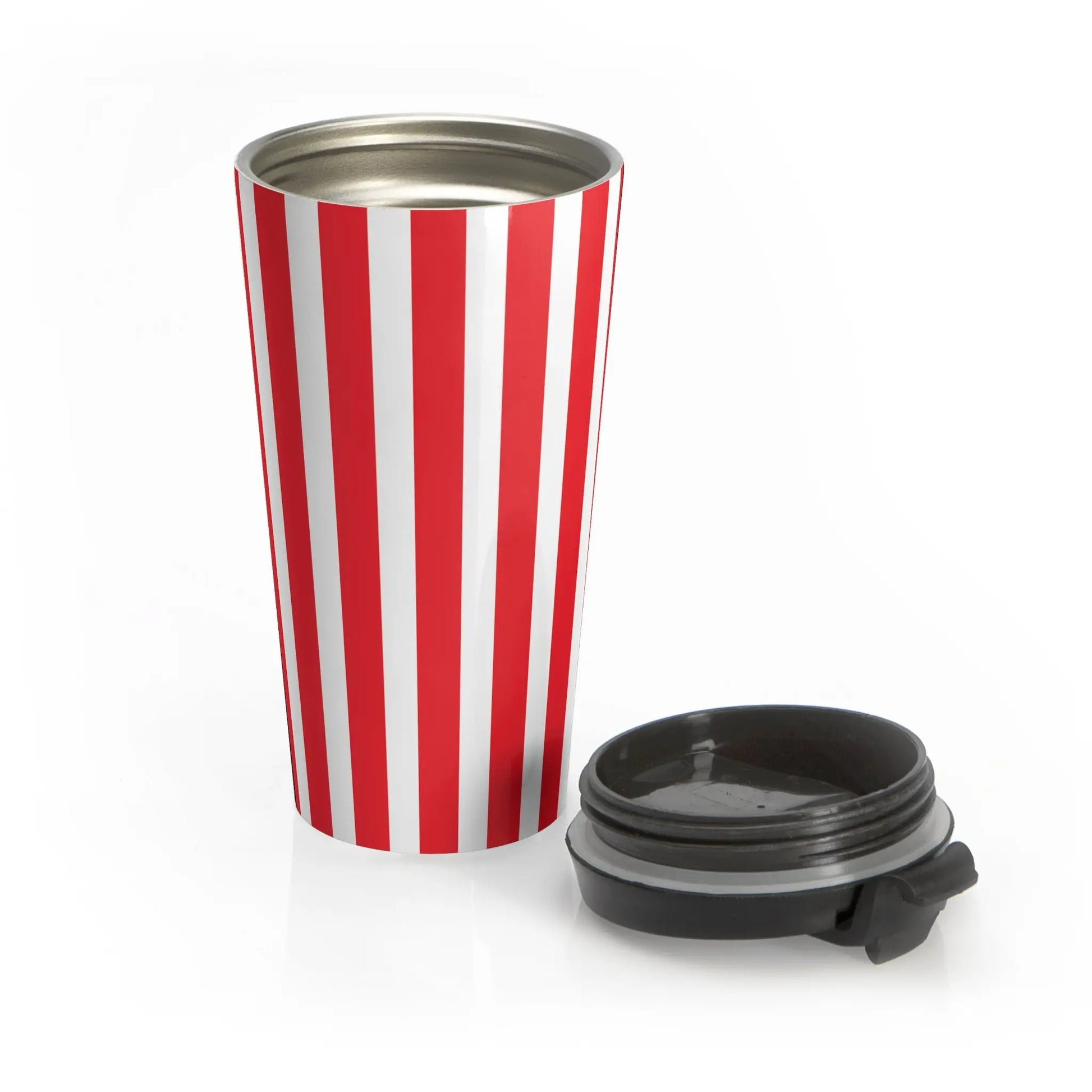 Retro striped travel mug featuring vintage red white vertical stripes stainless steel with a black lid