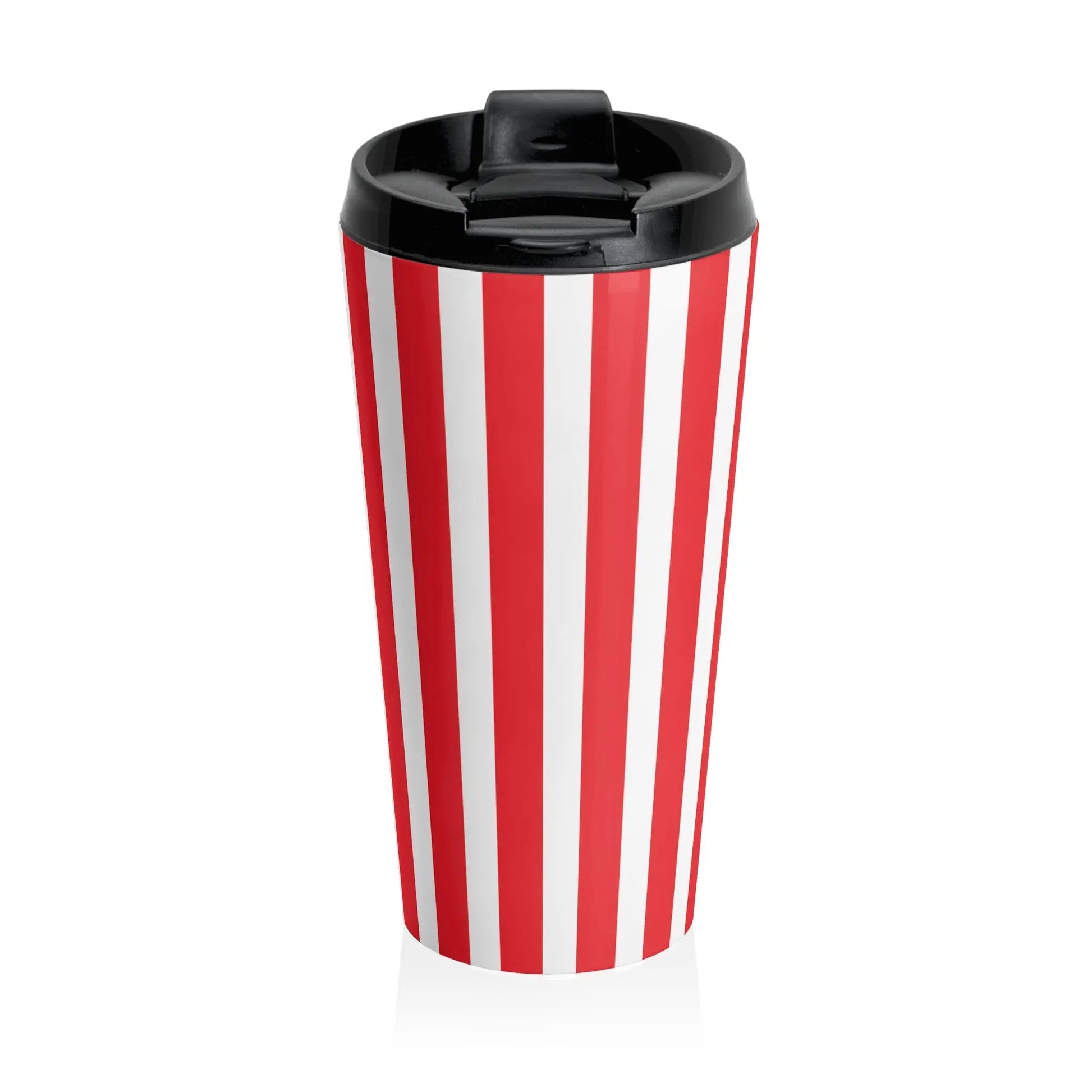 Retro striped travel mug vintage red white stainless steel tumbler cup with black lid for hot and cold drinks