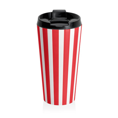Retro striped travel mug vintage red white stainless steel tumbler cup with black lid for hot and cold drinks