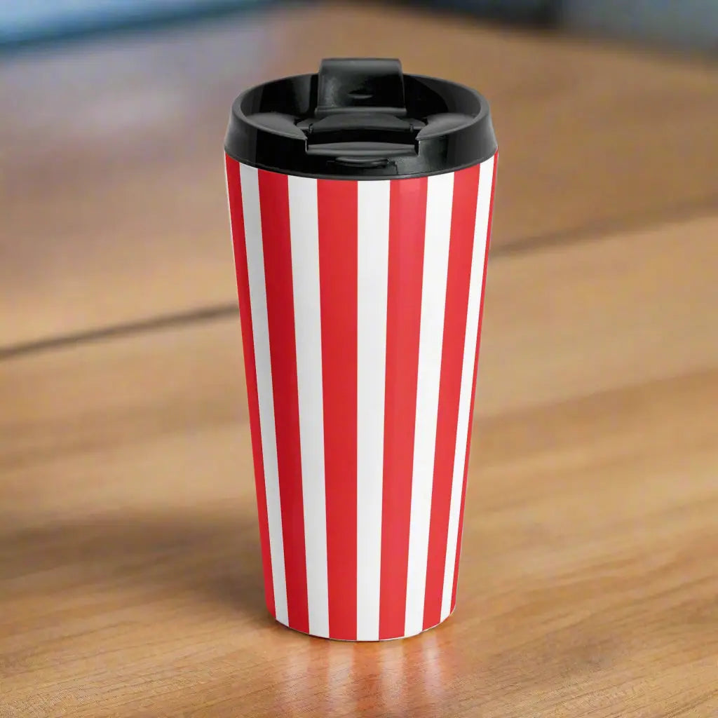 Retro striped travel mug with vintage red white vertical stripes stainless steel and black plastic lid for travel use