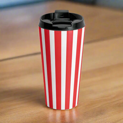Retro striped travel mug with vintage red white vertical stripes stainless steel and black plastic lid for travel use