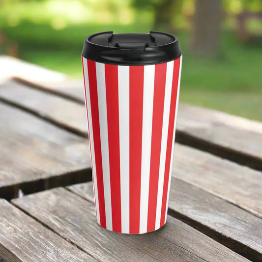 Retro striped travel mug stainless steel tumbler cup with vintage red white vertical stripes and black lid