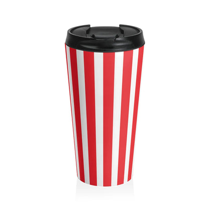 Retro striped travel mug with vintage red white stainless steel body and black lid for on the go use