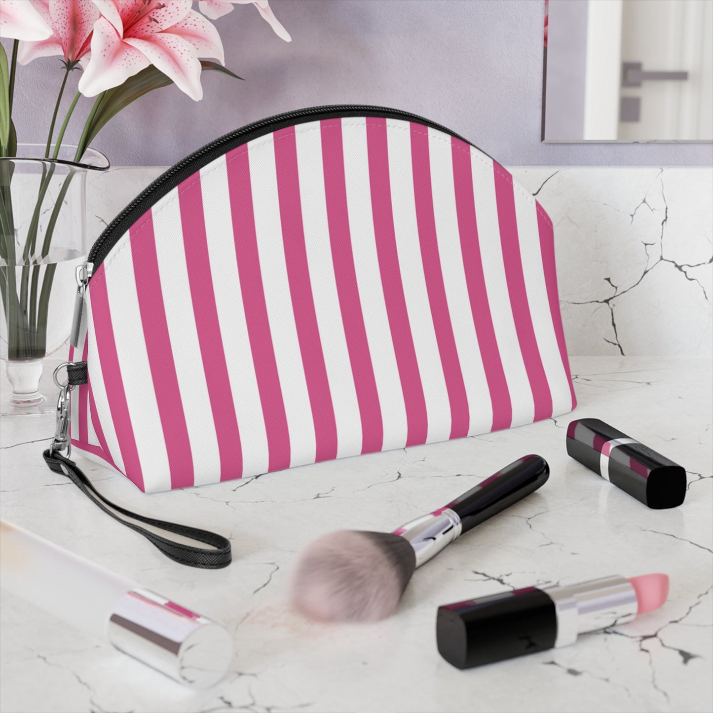Striped Pink Makeup Bag — Cosmetic Pouch with Wrist Strap - 6.3’’ × 9.4’’ × 3.3’’ - Makeup Bags