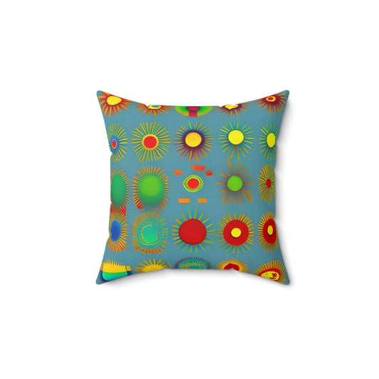 Sun design square soft pillow with colorful sunburst pattern in red yellow green and blue on a soft teal background