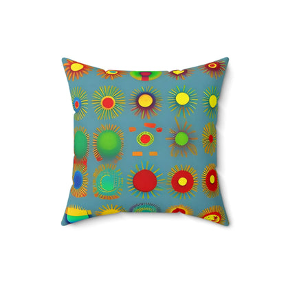 Sun design square soft pillow with vibrant abstract sunburst and circular patterns on teal fabric for home decor
