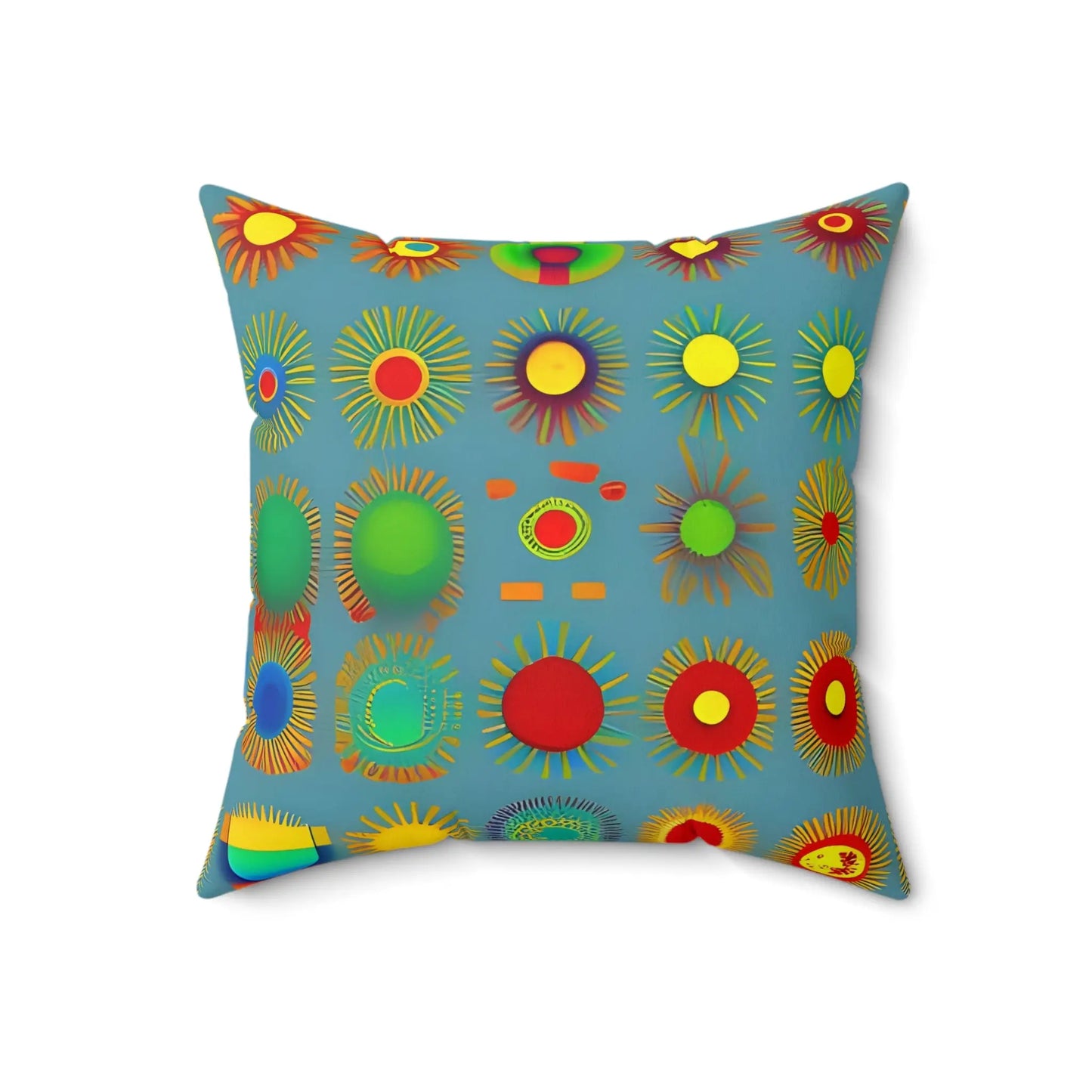 Sun design square soft pillow with vibrant colorful sunburst and circular motifs on teal background in geometric pattern