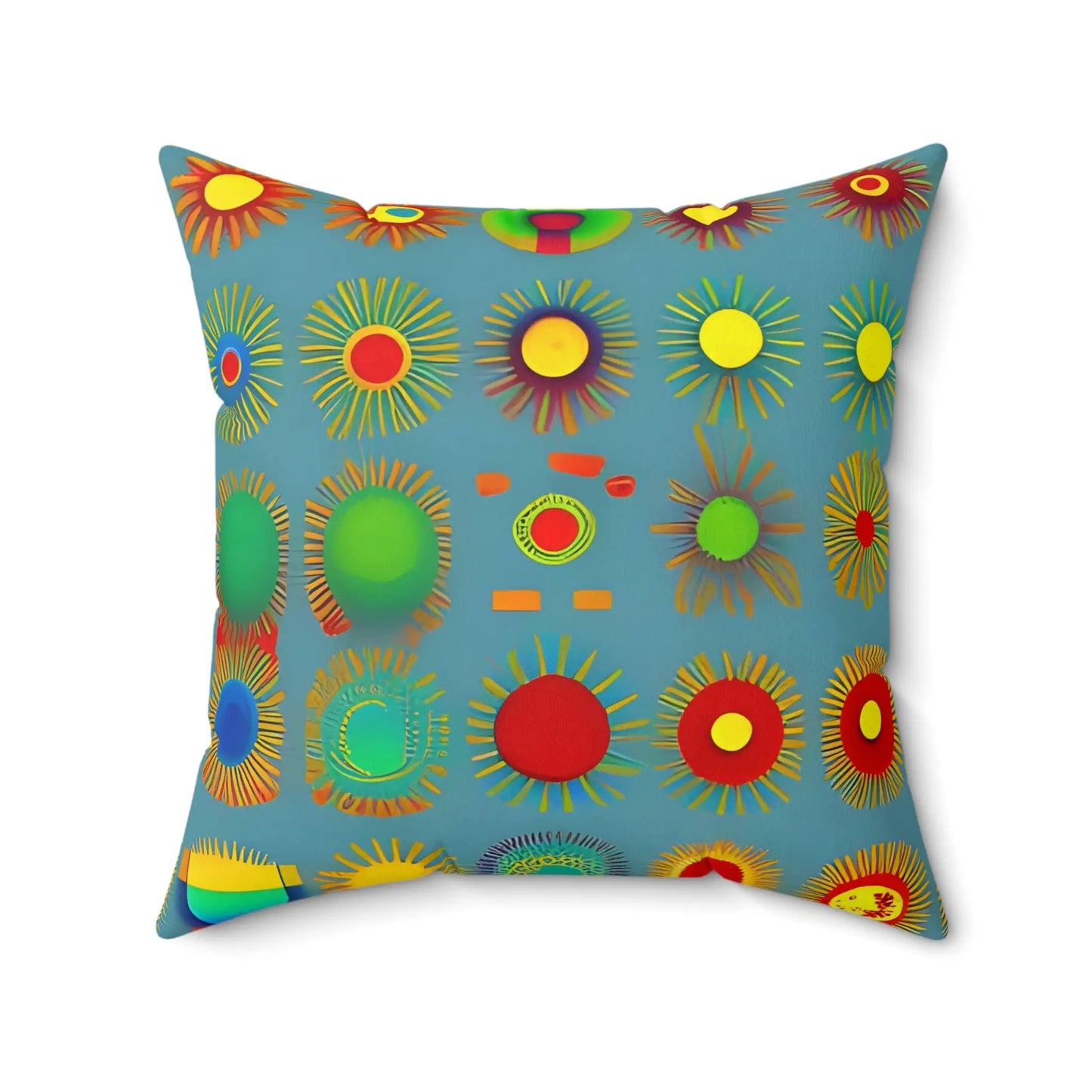 Vibrant sun design square soft pillow with colorful sunburst patterns on a teal background for home decor