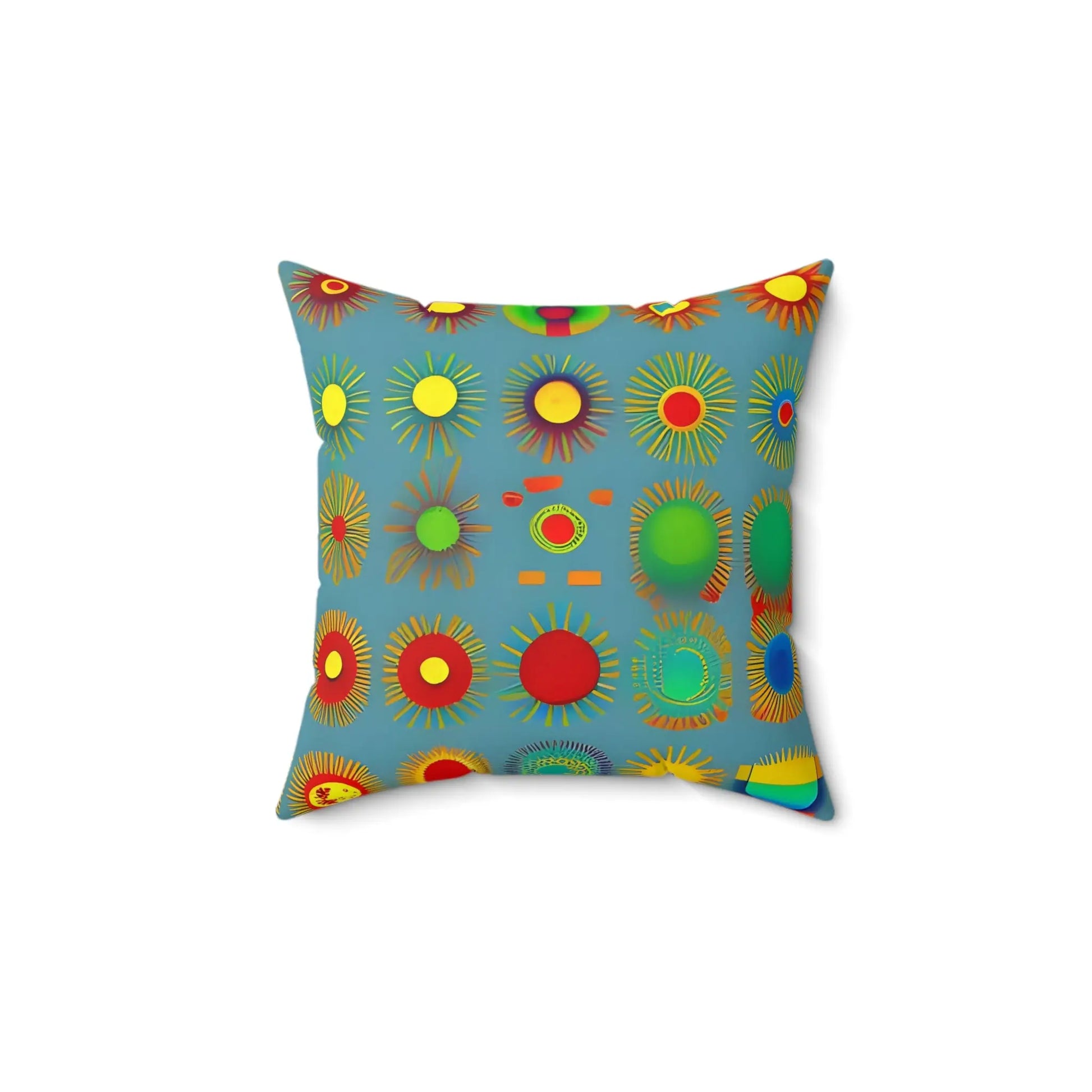Sun design square soft pillow with colorful retro sunburst pattern in red yellow green and blue on teal background