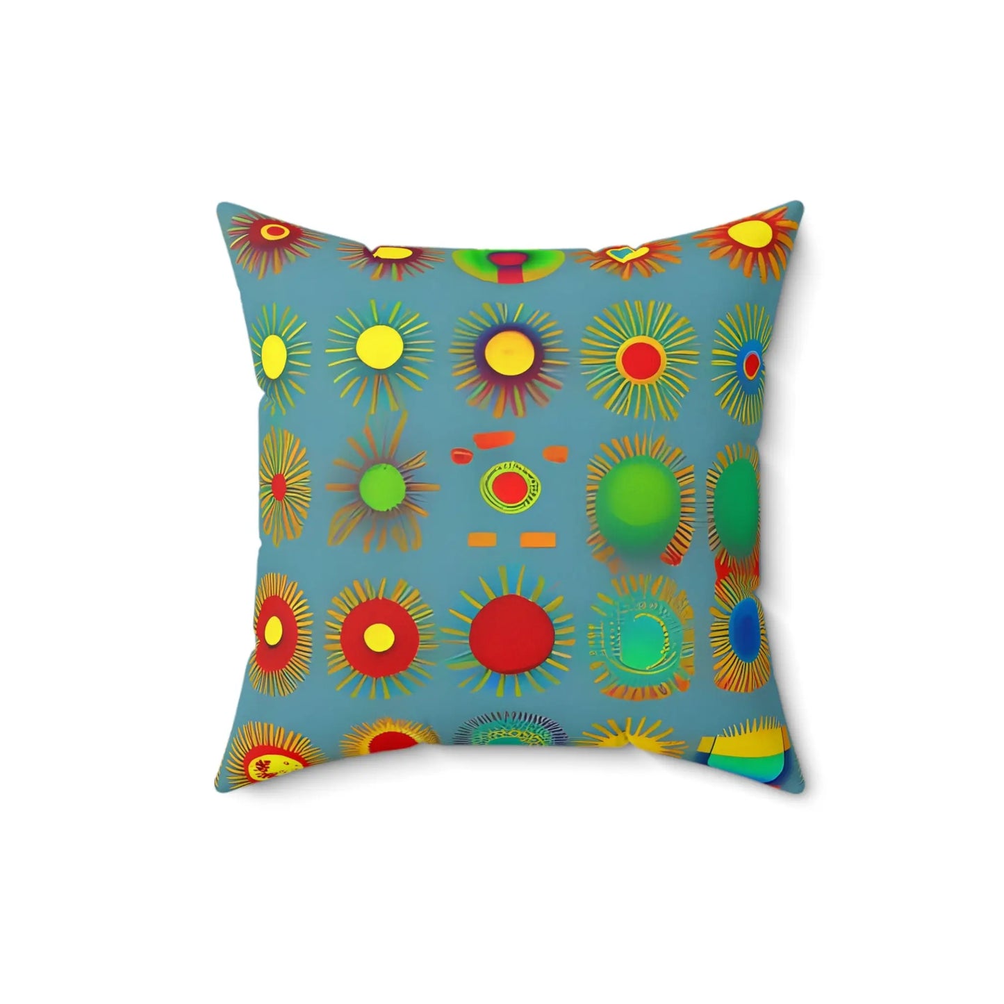 Sun design square soft pillow with vibrant retro sunburst pattern in red yellow green and blue on teal background