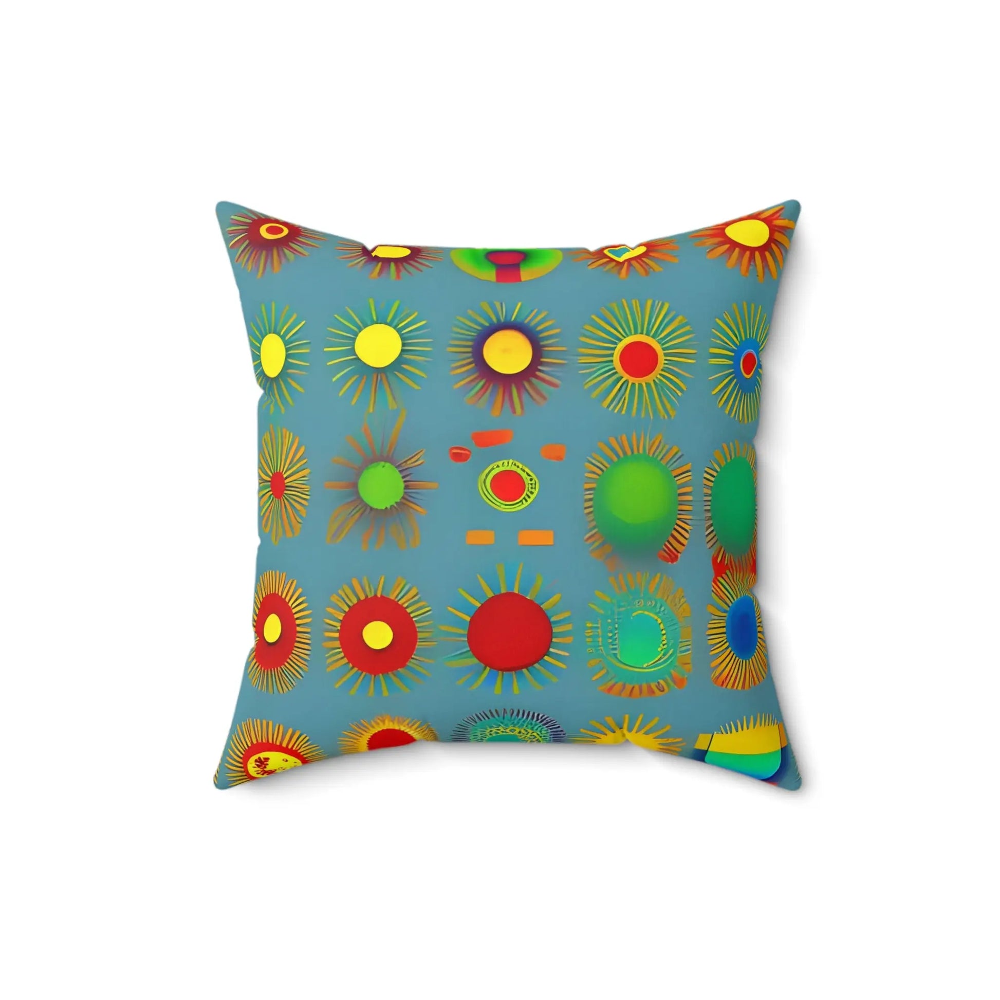 Sun design square soft pillow with vibrant retro sunburst pattern in red yellow green and blue on teal background