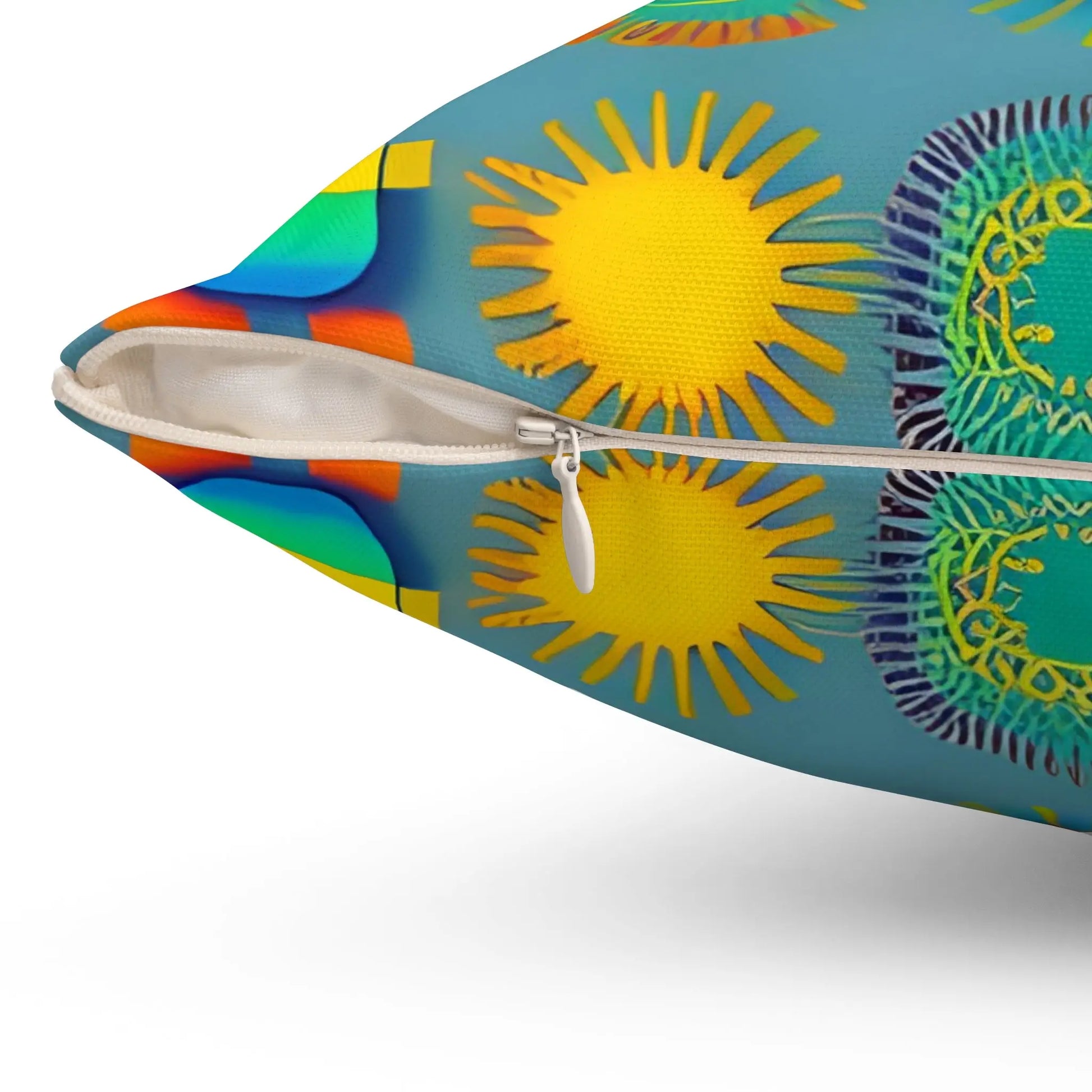 Vibrant turquoise sun design square soft pillow with bold yellow suns and colorful geometric abstract patterns