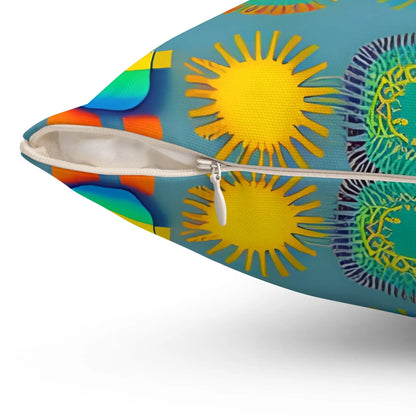 Sun design square soft pillow in vibrant turquoise with bold yellow suns and green blue circular motifs and black outlines