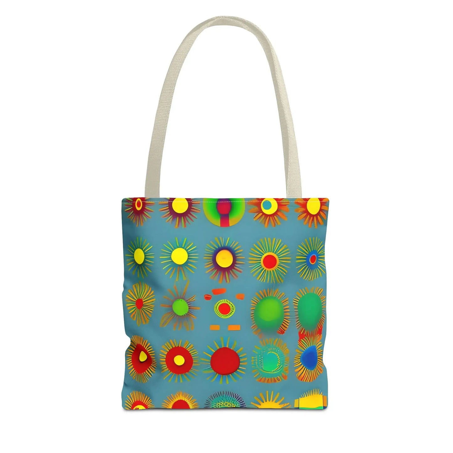 A vibrant blue sun pattern tote bag with colorful sunburst circles in red yellow green and orange on canvas material