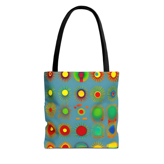 Sun pattern tote bag with black handles and blue fabric featuring colorful abstract sunburst patterns