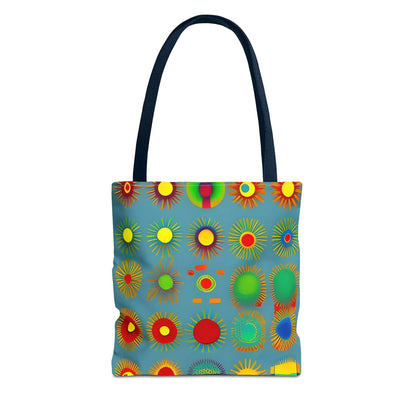 A vibrant blue sun pattern tote bag with colorful sunburst circles and navy fabric handles perfect for daily use