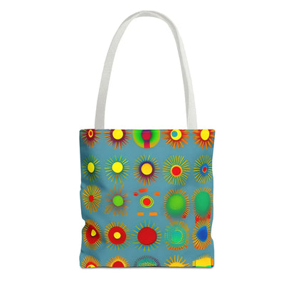 A vibrant blue sun pattern tote bag with colorful sunburst circles and white handles perfect for everyday use