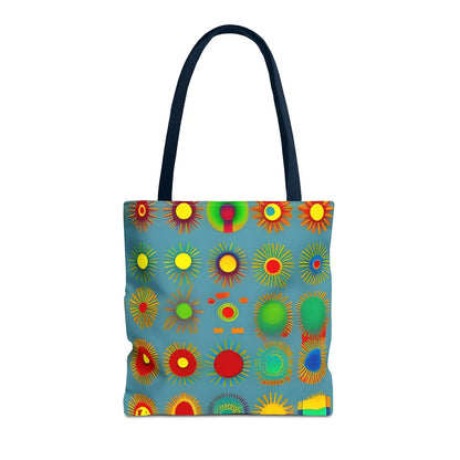 A vibrant blue sun pattern tote bag with colorful sunburst circles and black handles perfect for everyday use