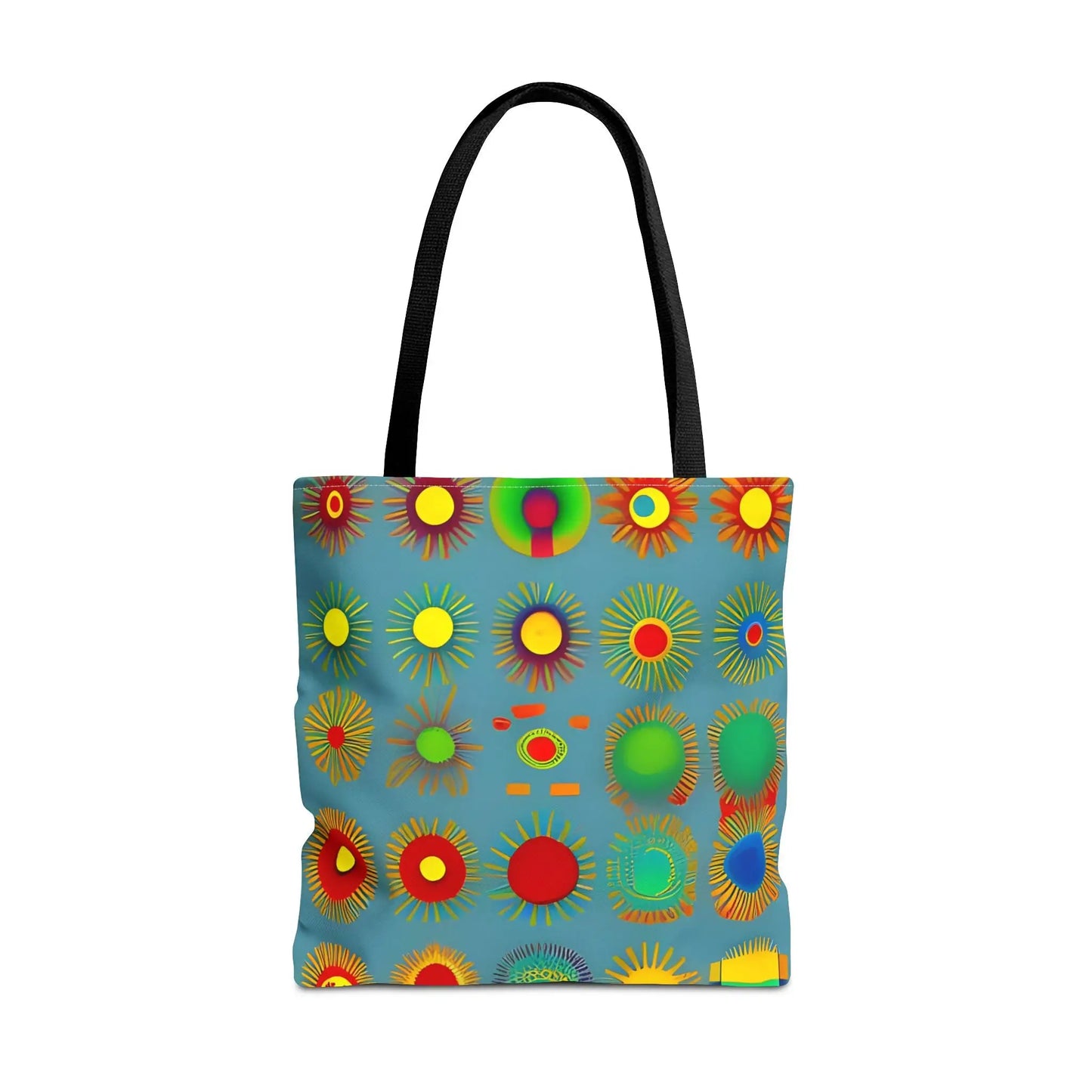 A vibrant blue sun pattern tote bag with colorful sunburst circles and black handles ideal for everyday use