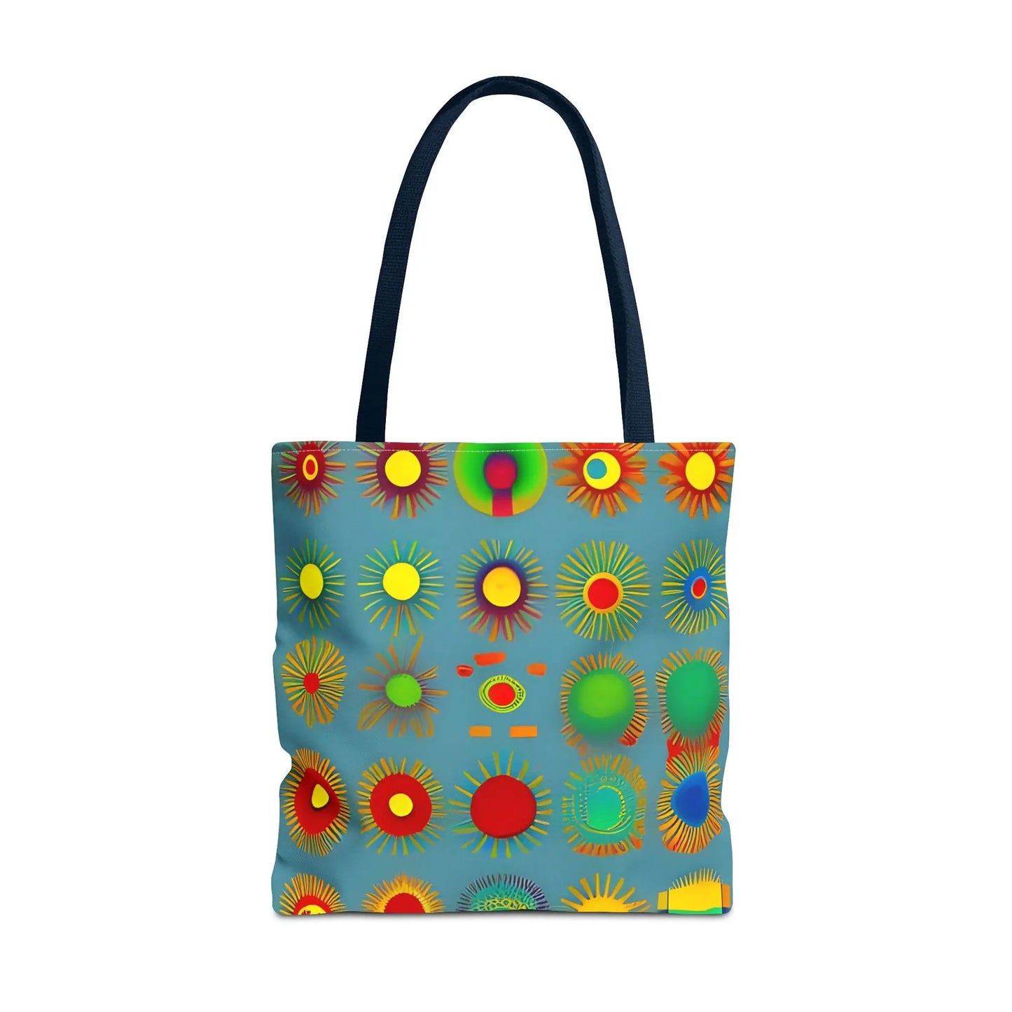 A vibrant blue sun pattern tote bag with colorful sunburst circles and black handles featuring a playful pattern tote