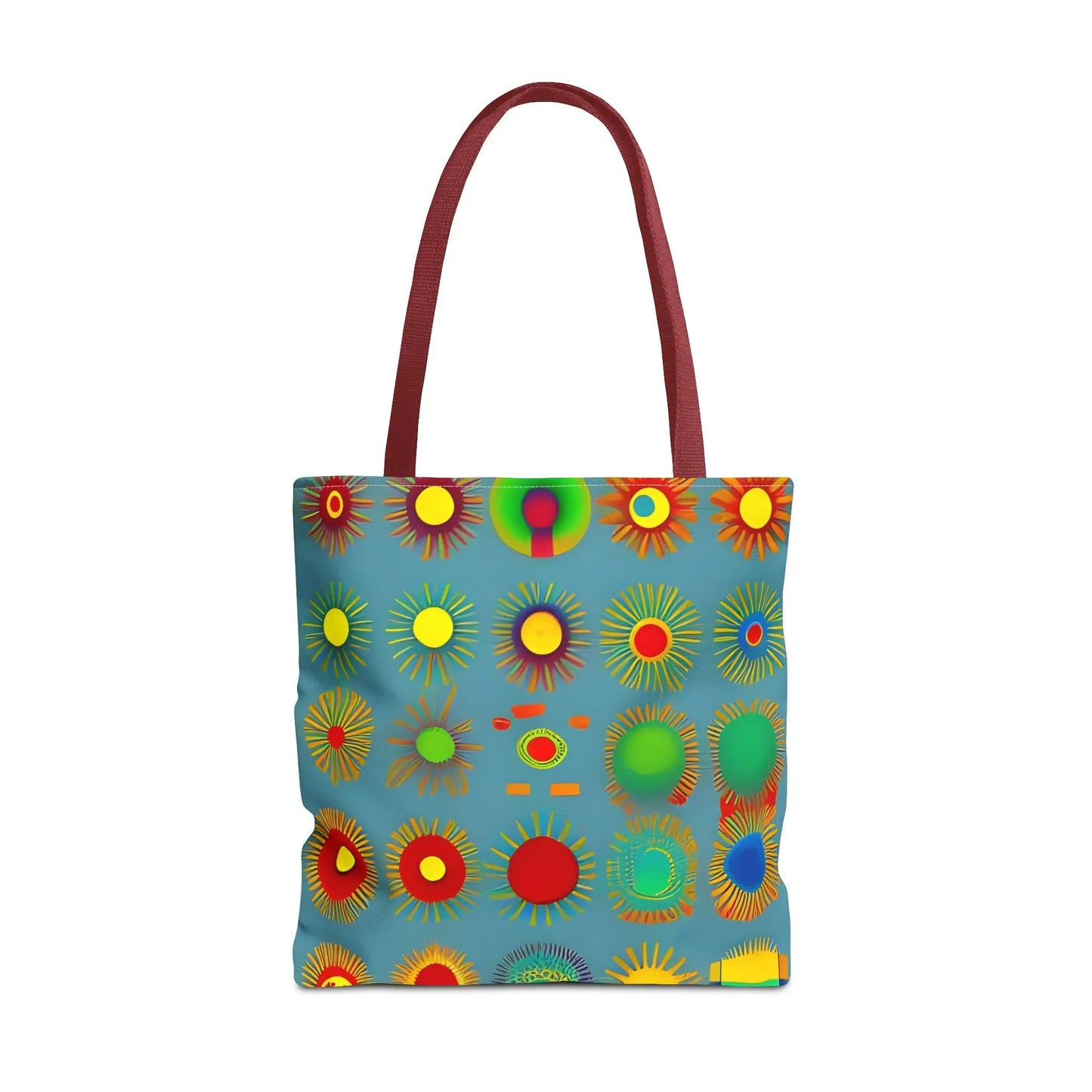 Sun pattern tote bag vibrant blue with colorful sunburst pattern and sturdy maroon handles perfect for everyday use