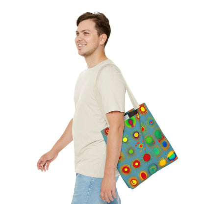 Blue canvas sun pattern tote bag with vibrant colorful stylized suns in red yellow green and orange pattern tote bag
