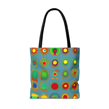 A vibrant sun pattern tote bag with black handles and colorful sunburst circular patterns on a blue background