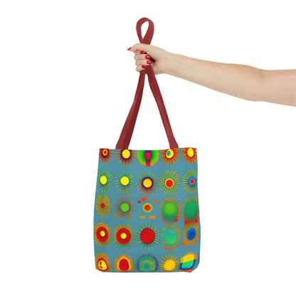 A vibrant blue sun pattern tote bag with colorful sunburst circles and maroon fabric handles