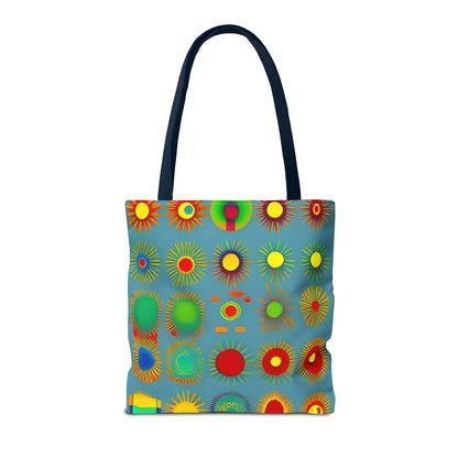 A vibrant blue sun pattern tote bag with colorful sunburst circles and navy fabric handles