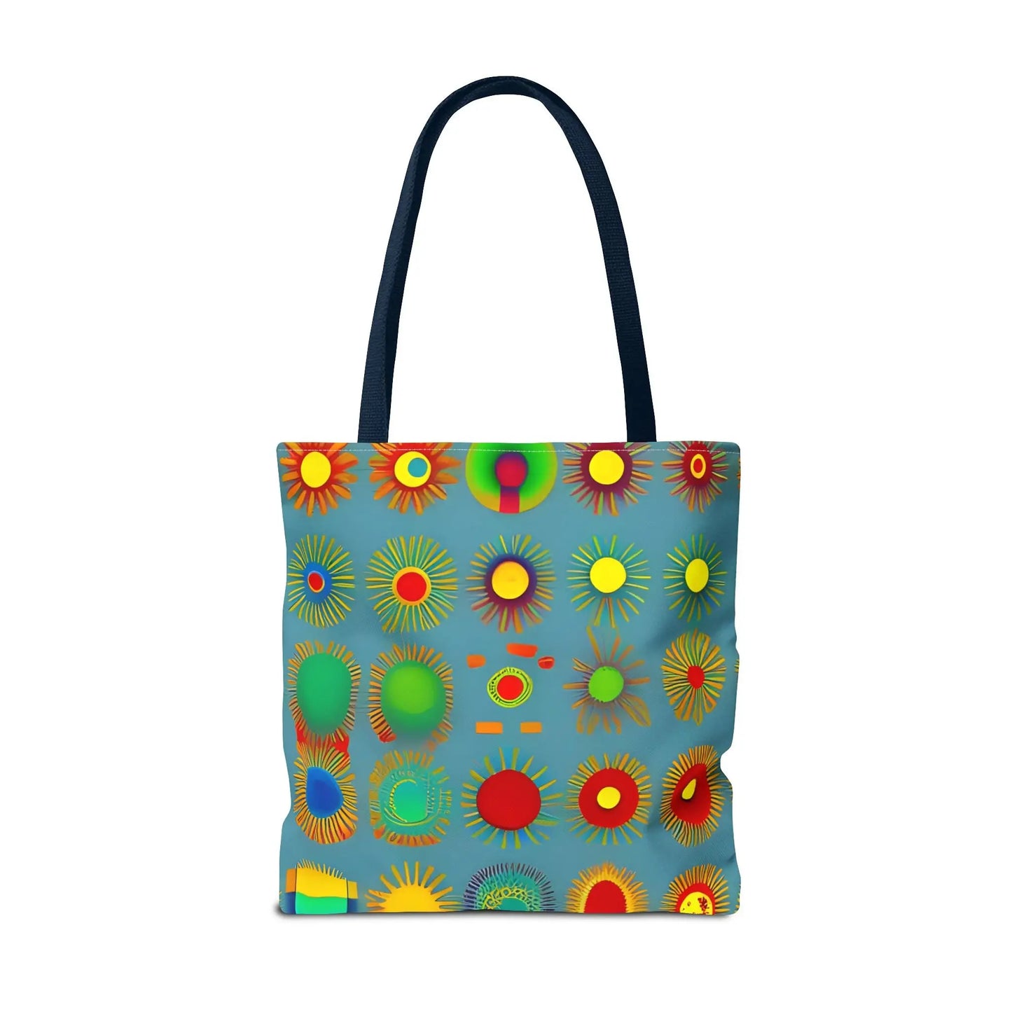 A vibrant blue sun pattern tote bag with colorful sunburst circles and black handles perfect for everyday use