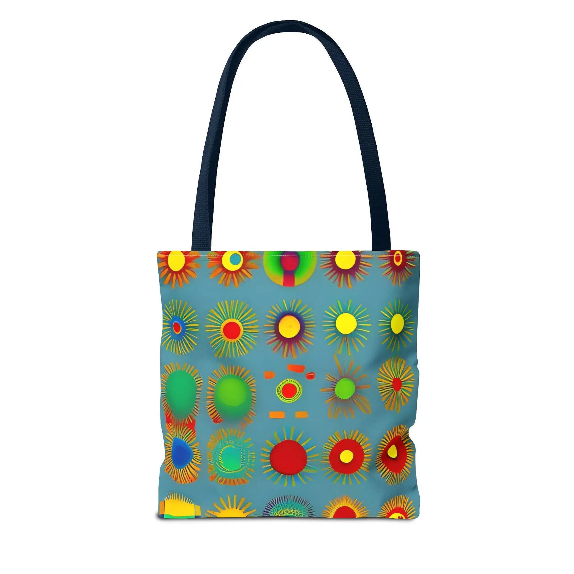 A vibrant blue sun pattern tote bag with colorful sunburst circles and black handles for everyday use