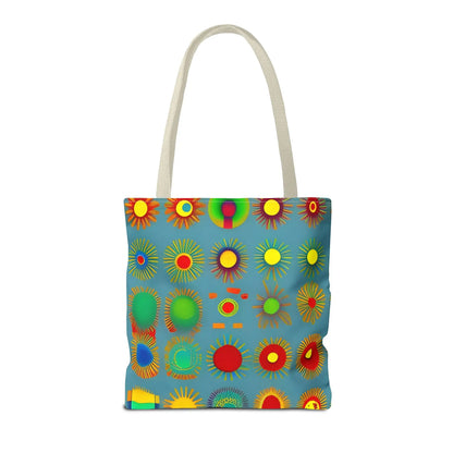 A vibrant blue sun pattern tote bag with colorful sunburst circles and white handles perfect for everyday use